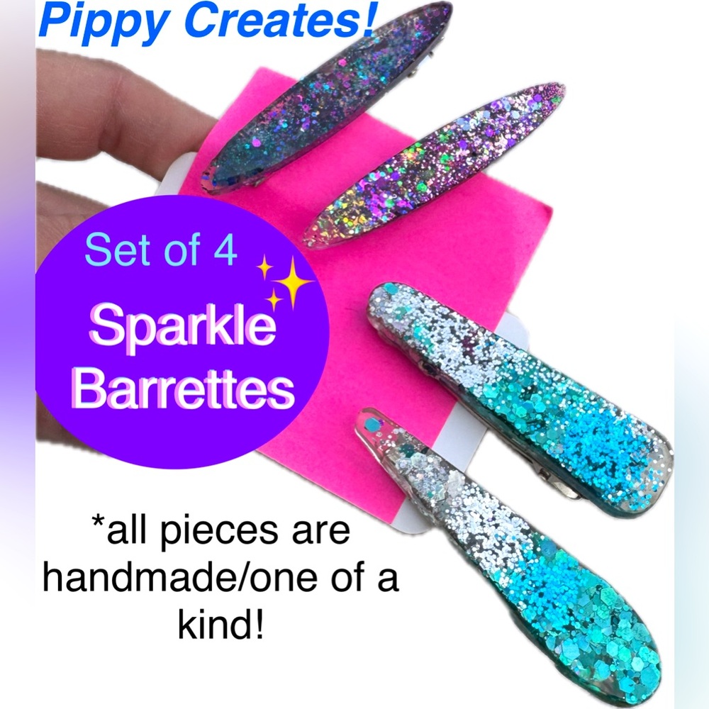 Sparkle Barrettes Set, Pippy Creates! Handmade 💜💙Galaxy Colors & silver /Blue